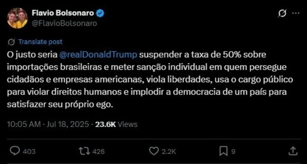 Flávio Bolsonaro sugere a Trump suspender tarifa e ‘meter’ sanção individual, mas apaga Foto: @flaviobolsonaro via X (antigo Twitter)